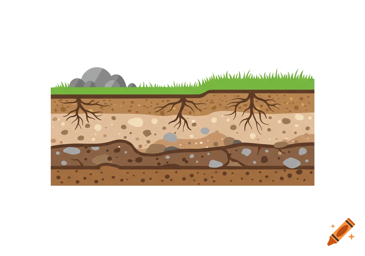 Stylized illustration of a soil cross-section showing layers of earth, grass, rocks, and plant roots.