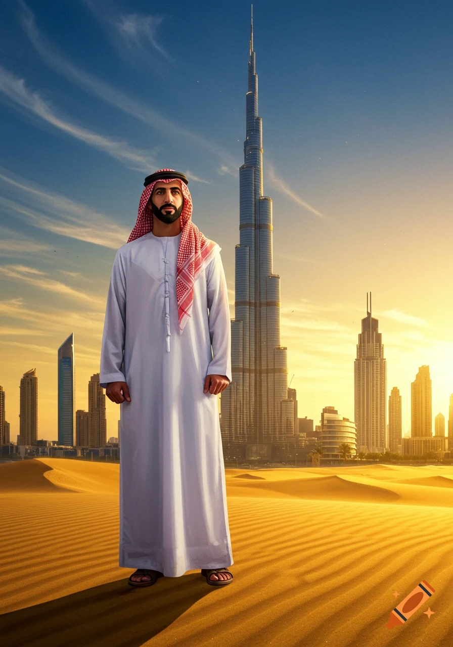A man in a white thobe and red ghutra stands in a golden desert with Dubai's Burj Khalifa and skyscrapers under a sunset sky.