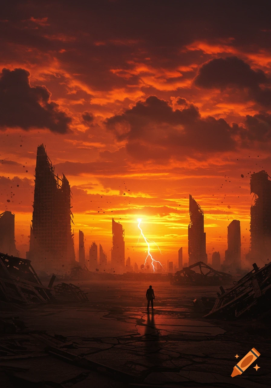 A lone figure stands in a destroyed, post-apocalyptic city under a dramatic orange sky with a lightning bolt.