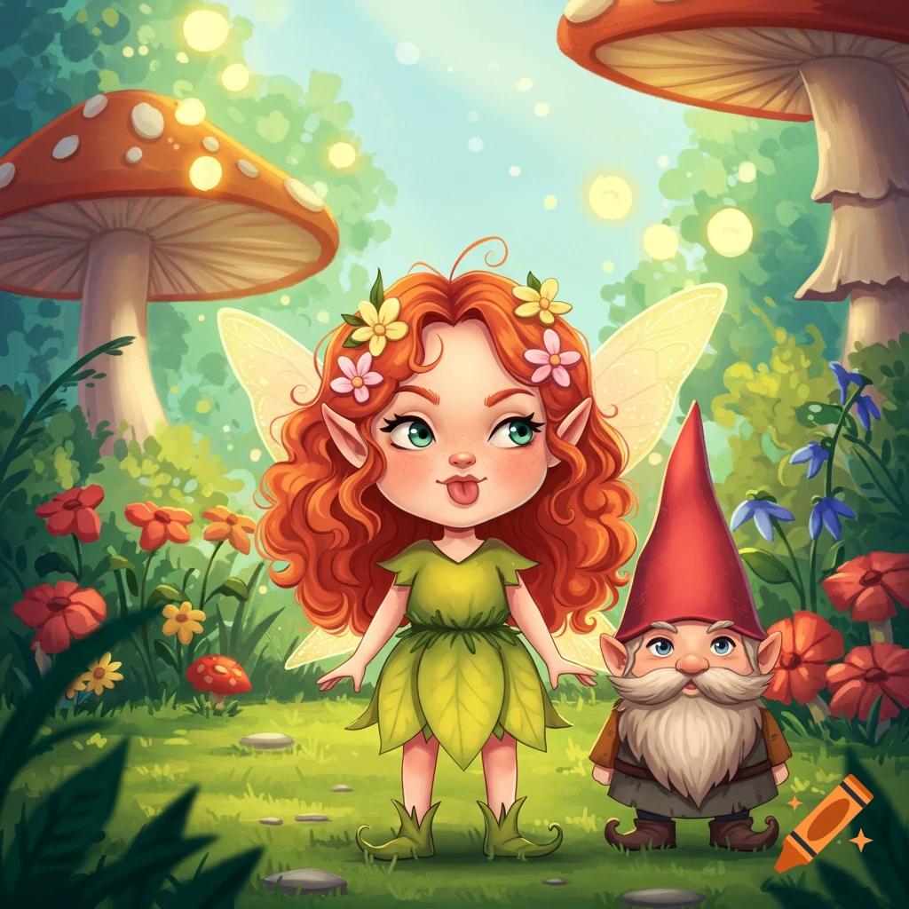 Cartoon fairy girl with red hair, tongue out, and a small gnome in a whimsical garden with large mushrooms.