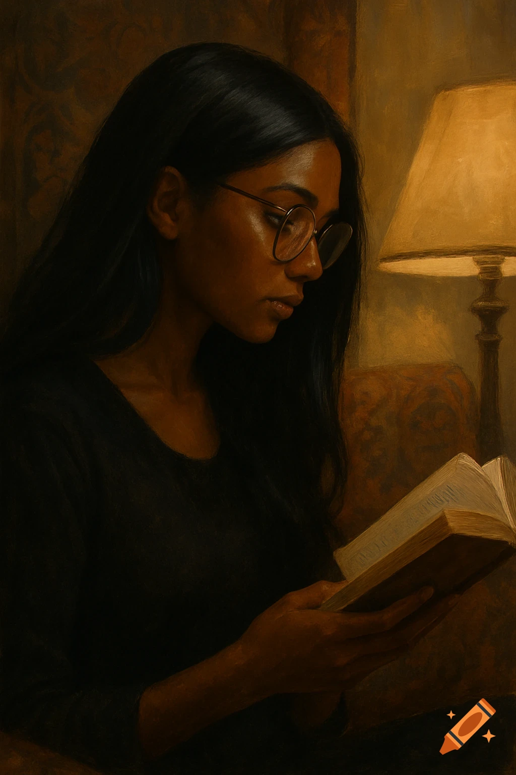 A painterly portrait of a woman with long dark hair and glasses reading a book under a warm lamp light.