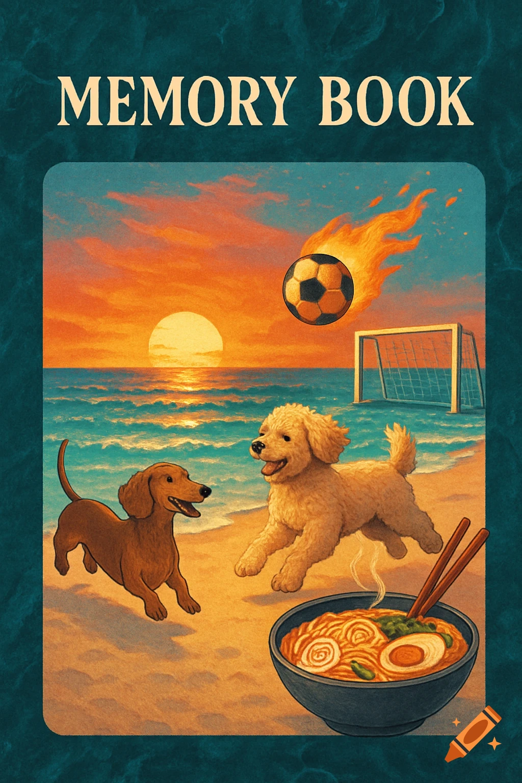 Illustrated cover with 'MEMORY BOOK' text, dogs on a beach at sunset, a flaming soccer ball, and a bowl of ramen.