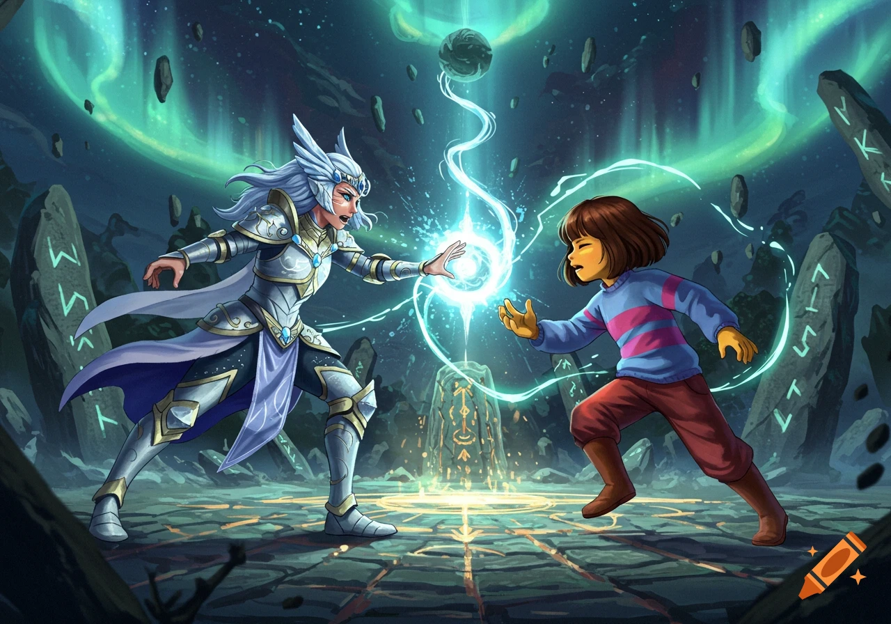 An armored warrior and a child in a striped shirt confront each other with glowing magic in a fantasy world with floating rocks and runes.