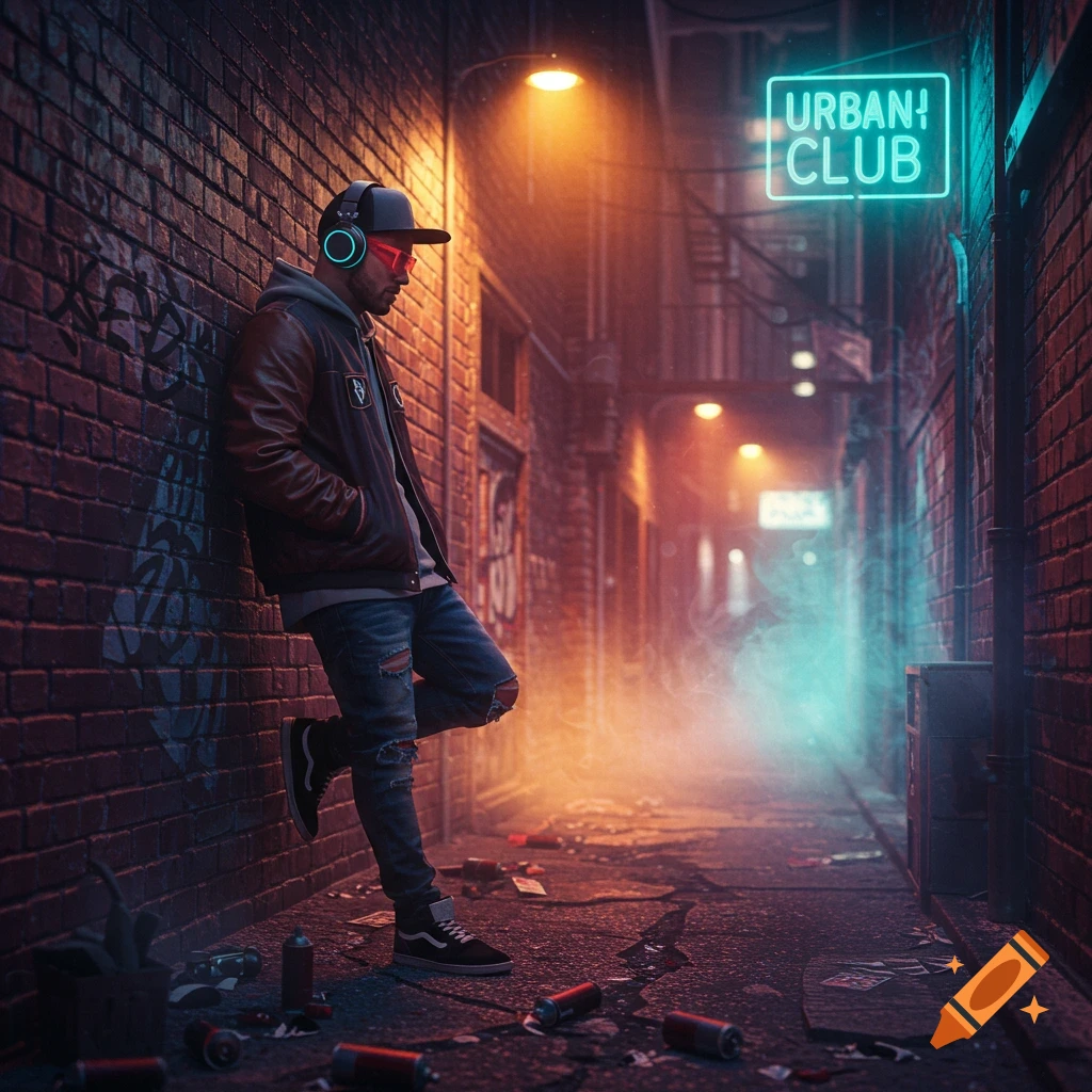 A man in hip-hop style with neon headphones and glasses leans on a brick wall in a neon-lit, foggy urban alley.
