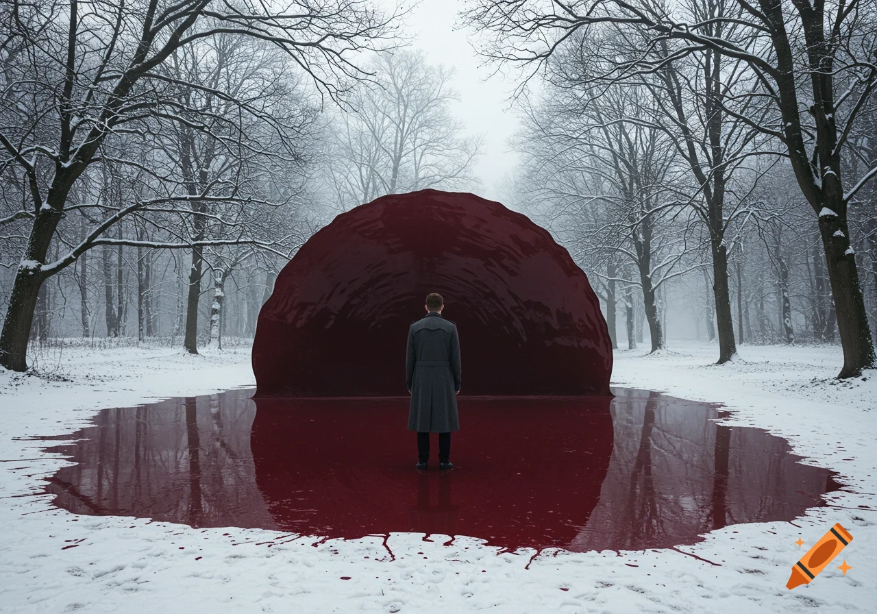 A man in a coat stands in a snowy forest before a large, dark red mound and a pool of red liquid reflecting trees.
