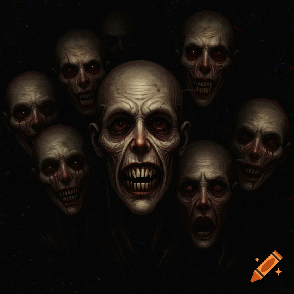 Multiple pale, ghoulish faces with red eyes and gaping mouths emerge from a dark background in a horror art style.