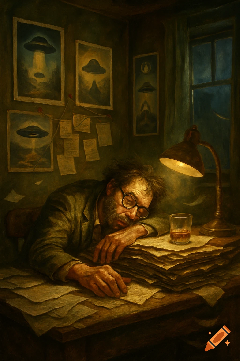 Disheveled man with glasses sleeps on a desk piled with papers and a drink, under a lamp, with UFO posters on the wall, in a dark, painterly style.