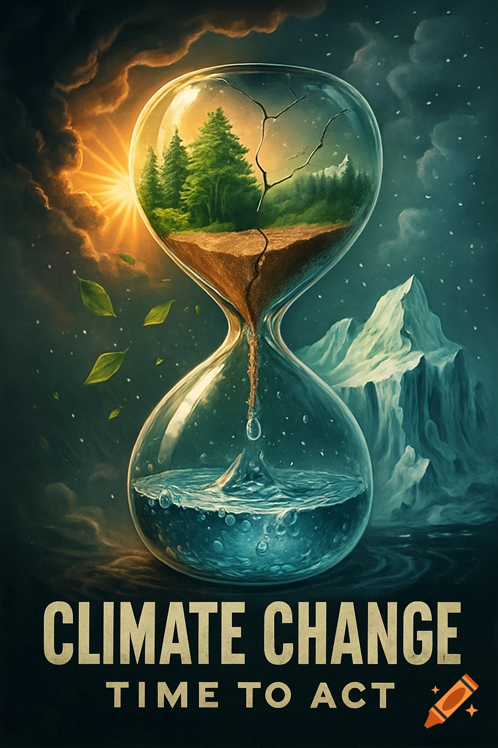 An hourglass depicts a lush forest on cracked earth above rising water and melting glaciers. Text reads 'CLIMATE CHANGE TIME TO ACT'.