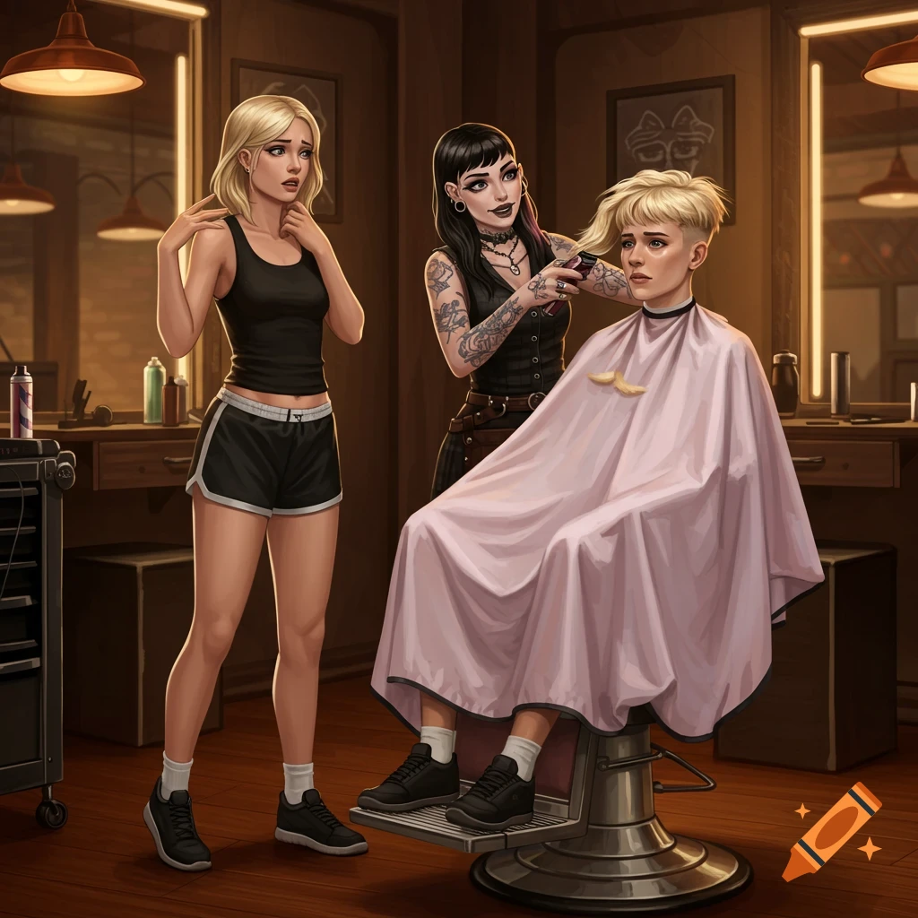 A woman with short blonde hair sits in a barber chair with a pink cape as a tattooed barber shaves her head, while another woman watches anxiously in a trendy barbershop.