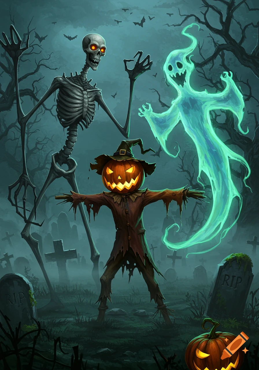 A stylized illustration of a skeleton, a glowing ghost, and a pumpkin-headed scarecrow in a misty, dark graveyard with bats flying above.