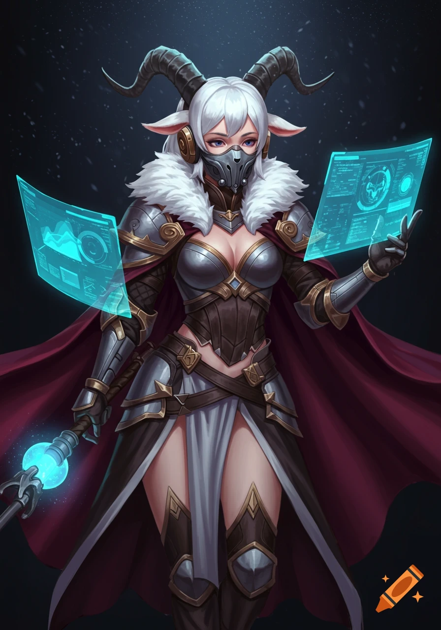 A white-haired, horned female warrior in ornate armor and a mask holds a glowing staff and views holographic screens.