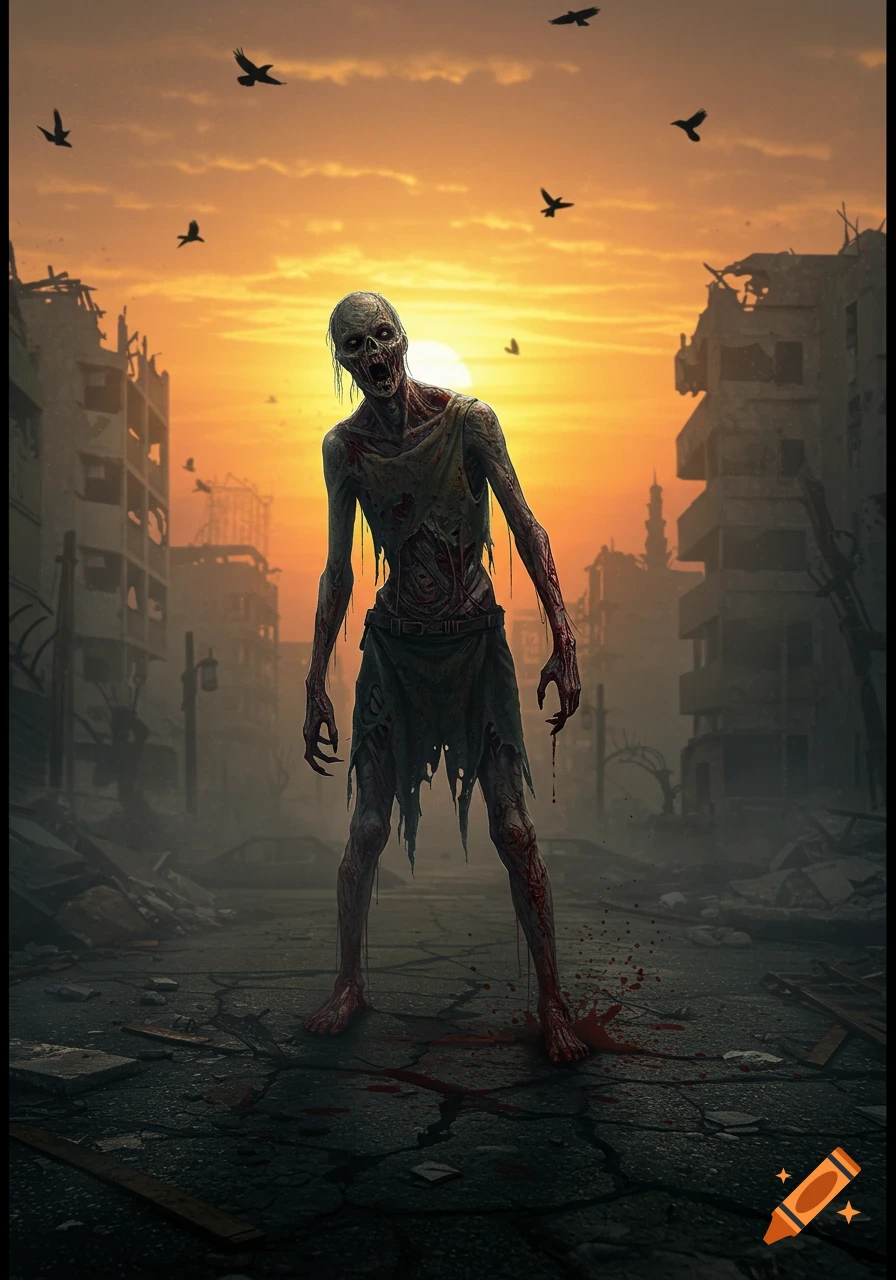 A bloodied zombie stands in a ruined city street at sunset, with birds flying.