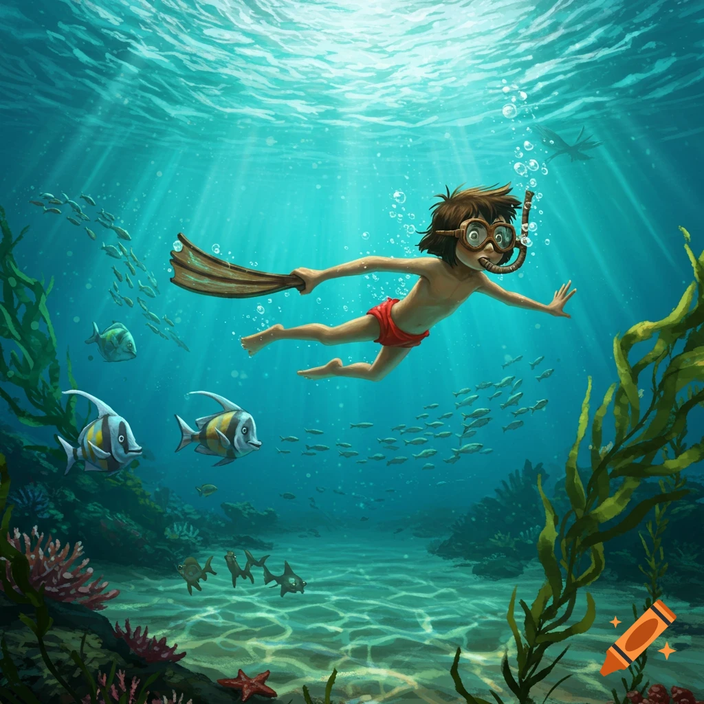 Cartoon illustration of Mowgli swimming underwater with goggles, snorkel, and a fin, surrounded by colorful fish and vibrant marine life.