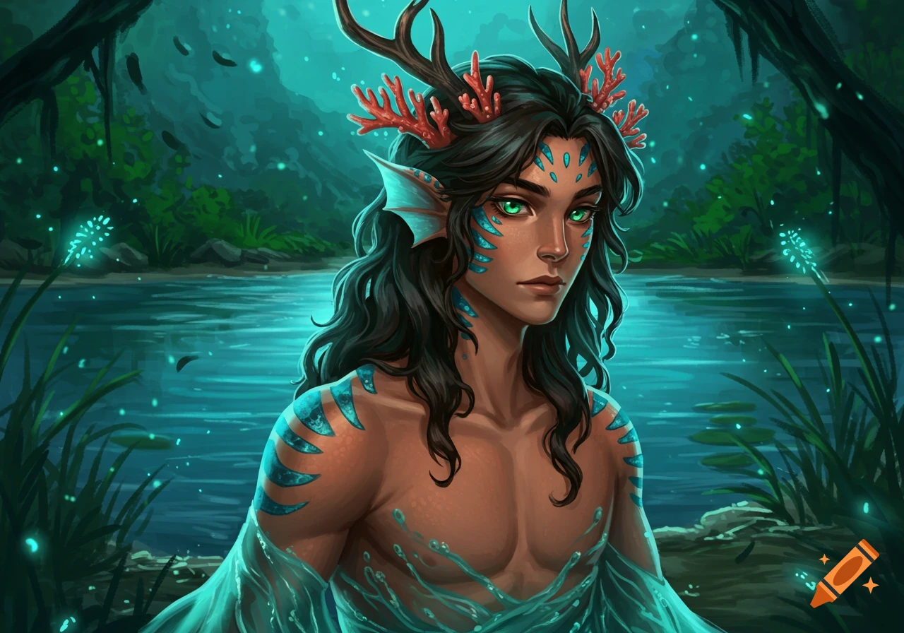An illustrated fantasy character with dark hair, green glowing eyes, coral antlers, and blue scales sits in a mystical lake surrounded by magical plants.
