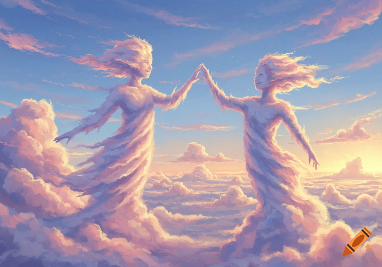 Two ethereal cloud figures high-fiving amidst a vast, glowing sky filled with clouds in a painterly style.