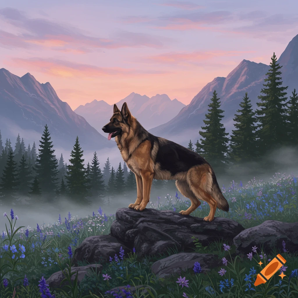 A German Shepherd dog stands on dark rocks in a mountain meadow with purple wildflowers and misty pines at sunset.