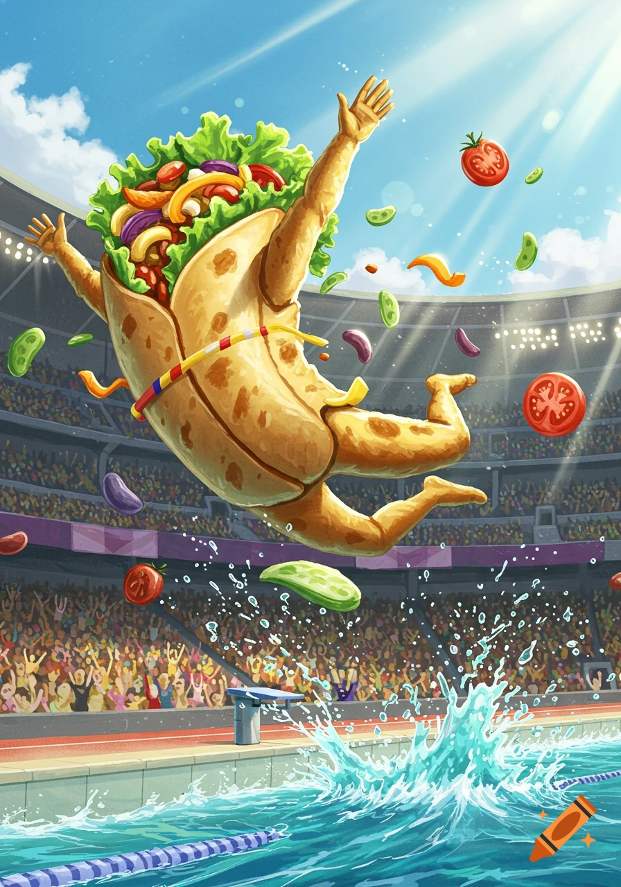 Cartoon illustration of an anthropomorphic burrito diving into an Olympic swimming pool as vegetables fall, with a cheering crowd.