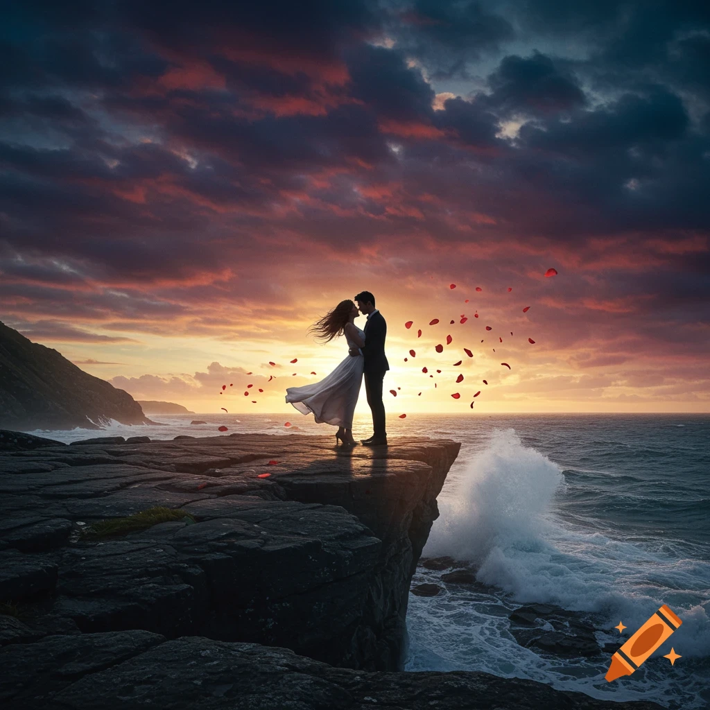 A couple embraces on a rocky cliff overlooking a wavy ocean at sunset, with red rose petals falling around them. Photorealistic.