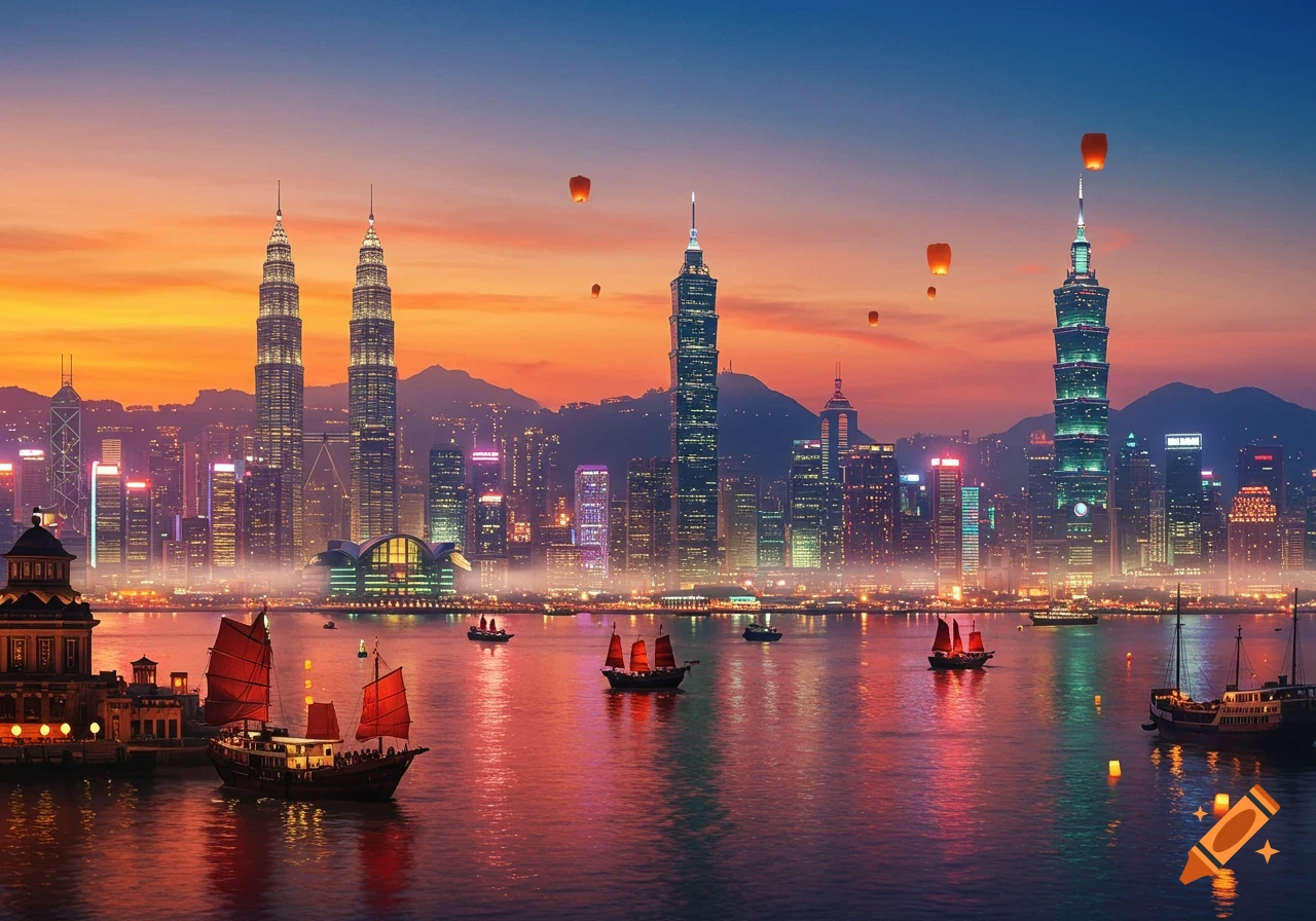 A vibrant composite cityscape at sunset, with iconic skyscrapers, traditional boats in a harbor, and sky lanterns reflected in the water.