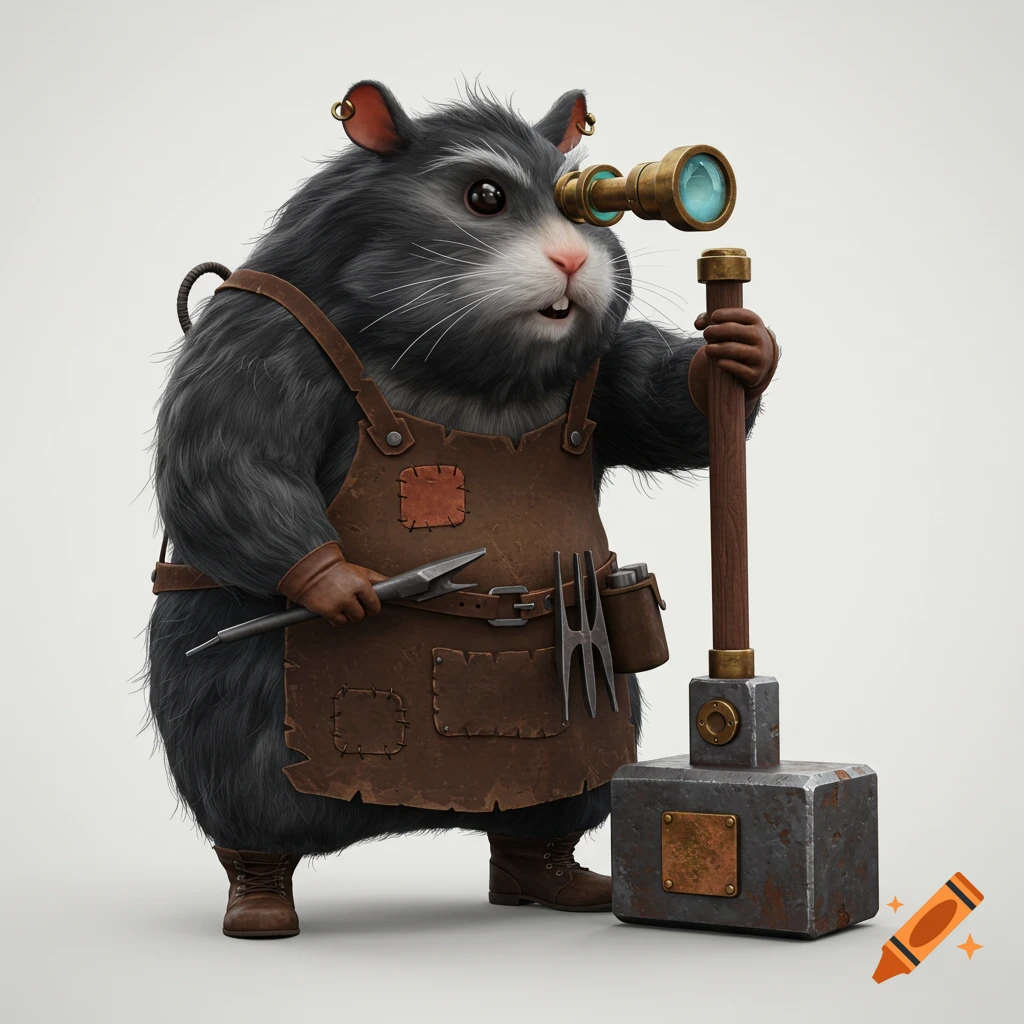 A fluffy, dark gray hamster blacksmith in a brown apron and boots, holding a monocular, stands next to a large hammer.