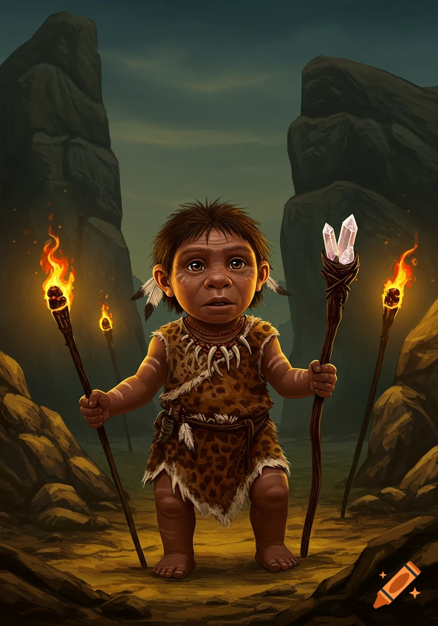 A prehistoric child with Neanderthal features, dressed in an animal print outfit, holds a torch and a crystal staff in a rocky landscape.
