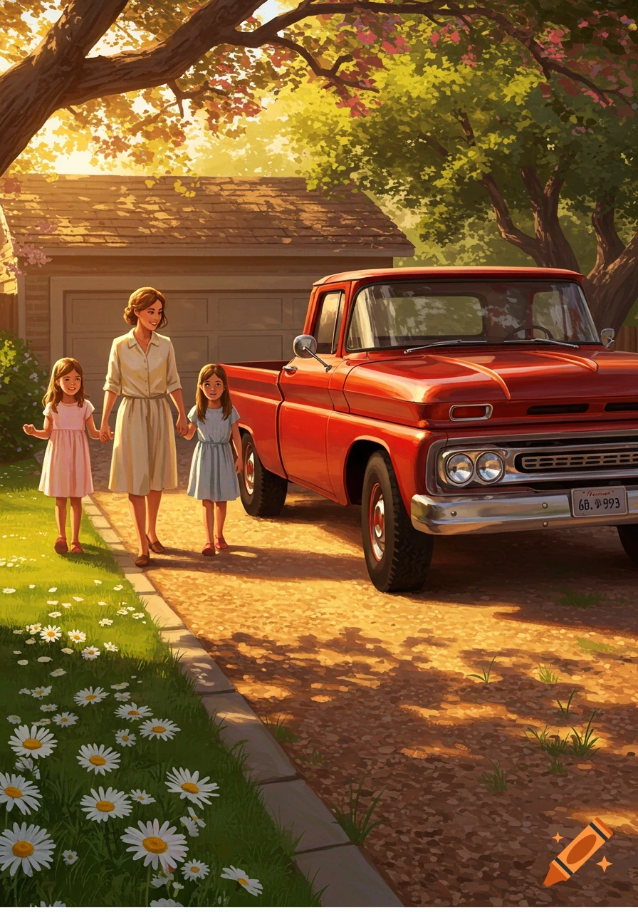 A mother and two daughters walk on a sunny driveway next to a red classic pickup truck in a painterly style.