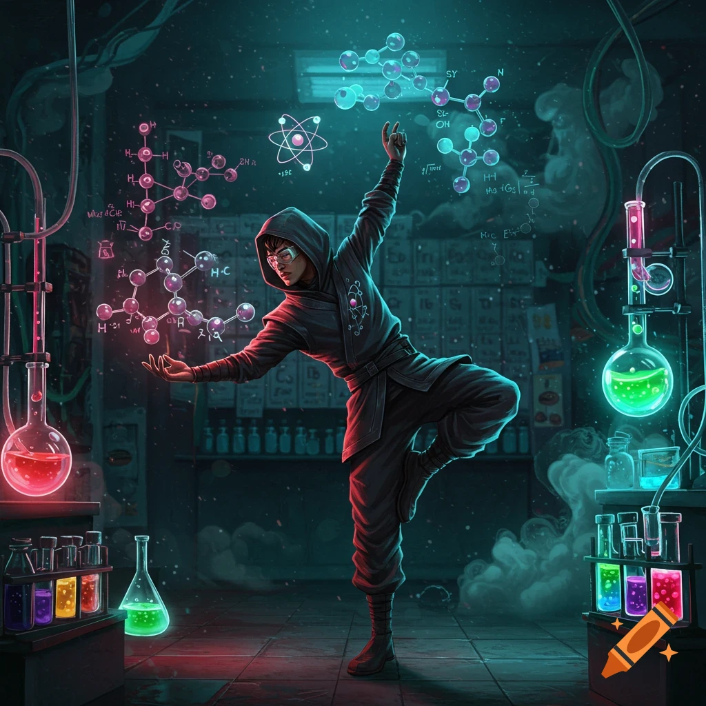 A stylized ninja in a neon-lit chemistry lab manipulates glowing molecules and atoms with their hands, surrounded by colorful beakers.