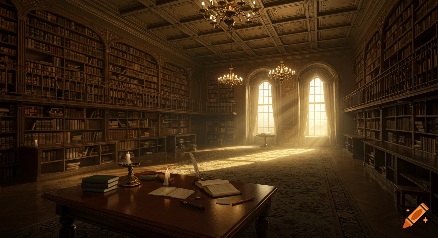 Opulent library with towering bookshelves, chandeliers, sunlit arched windows, and a desk with open books and candles.