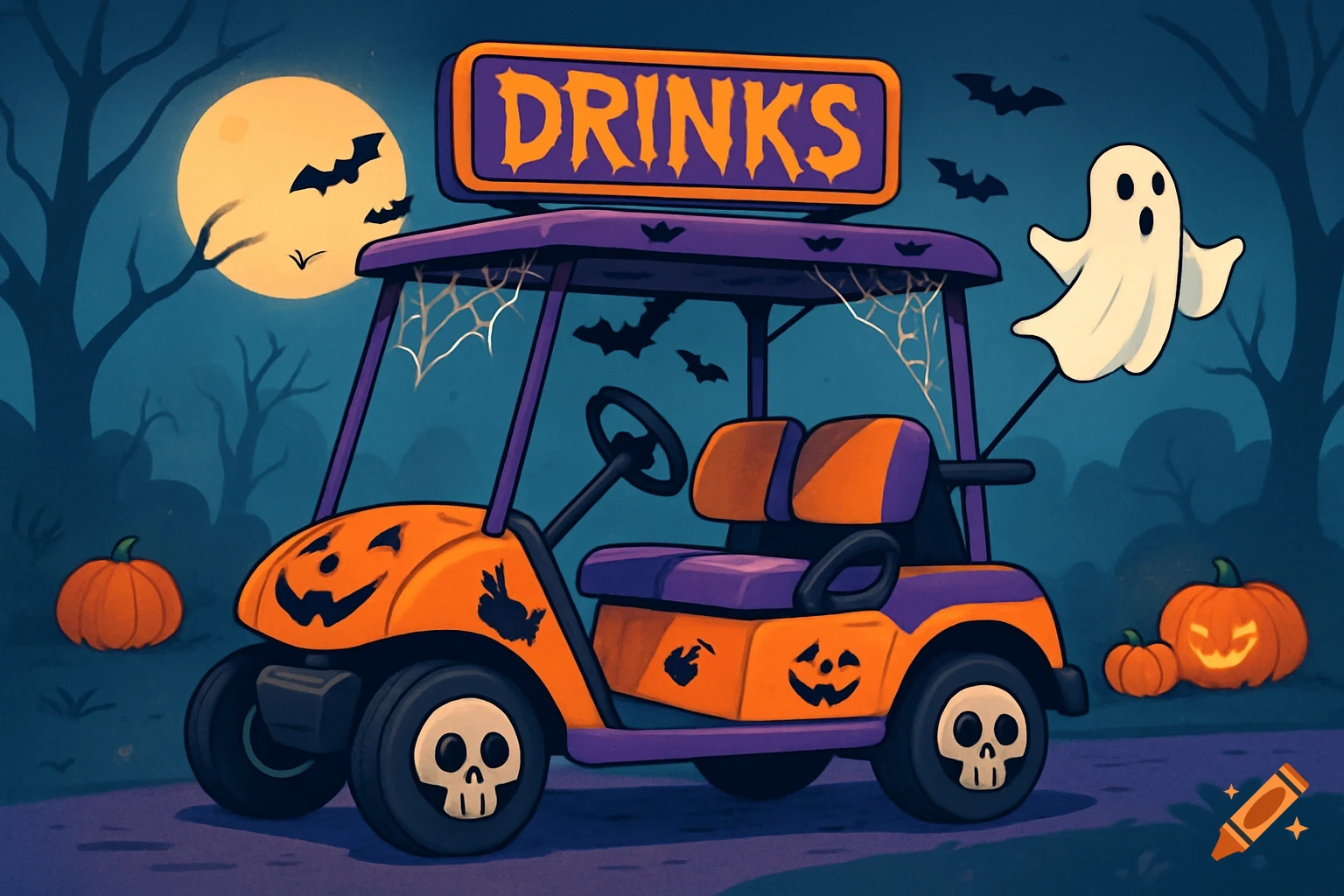 A cartoon Halloween golf cart with a "DRINKS" sign, skull wheels, pumpkins, bats, and a ghost under a full moon.