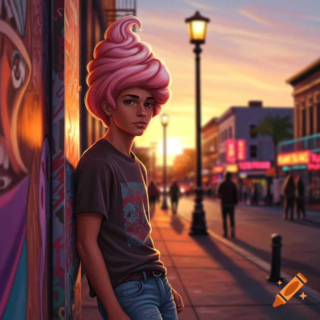A teen boy with elaborate pink ice cream-like hair leans against a graffiti wall on a city street at sunset.