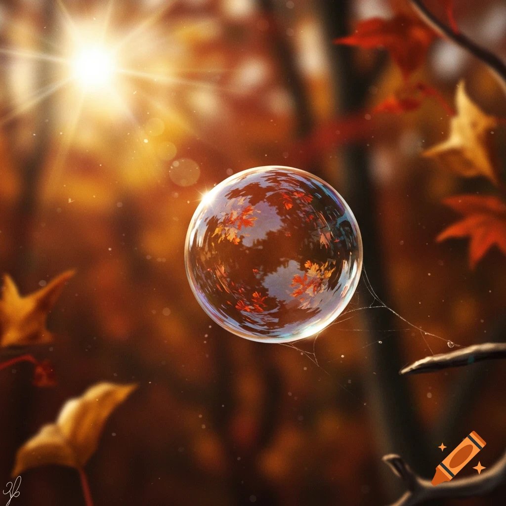 A shimmering bubble floats in an autumnal forest, reflecting red and orange leaves, backlit by a bright sunflare.