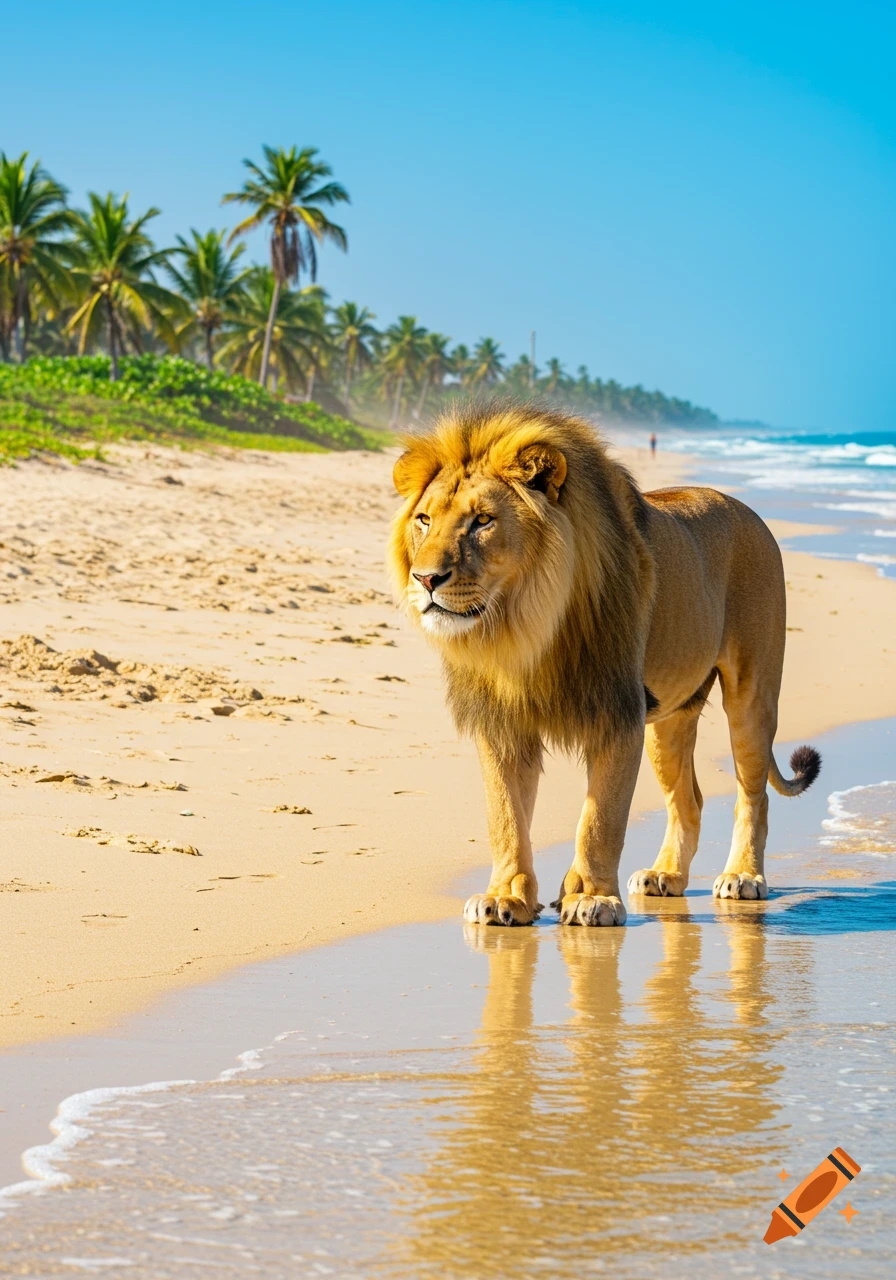 A majestic photorealistic lion stands in shallow ocean water on a sunlit sandy beach lined with palm trees.
