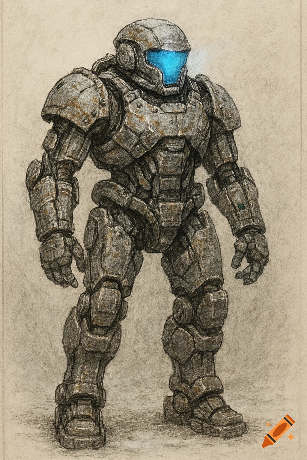 A hand-drawn sketch of a rusted, frost-coated humanoid armored suit with a glowing blue visor.