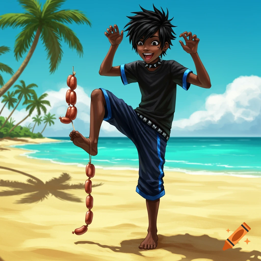 Anime-style boy with spiky hair and emo fashion holding a string of sausages with his toes on a sunny beach.