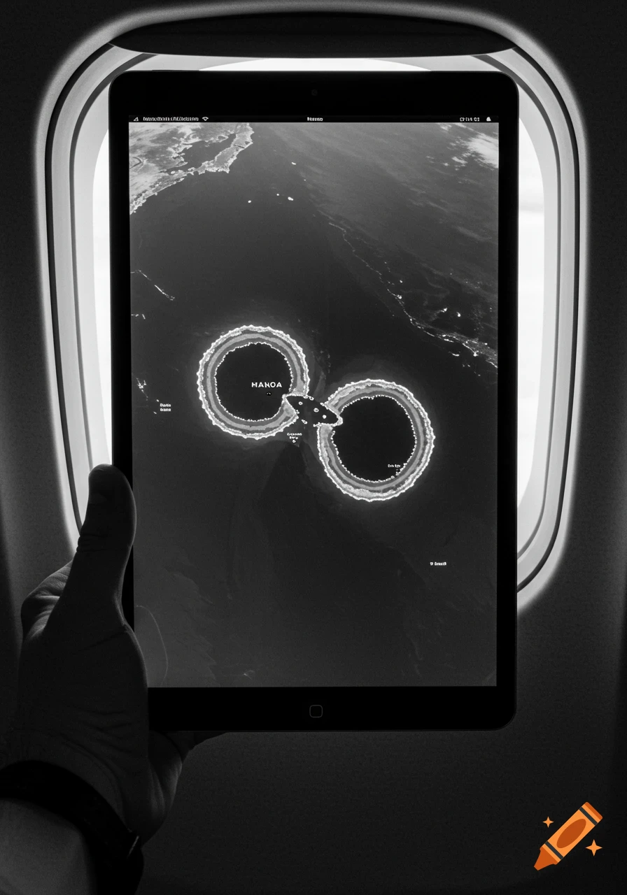 A hand holds a tablet displaying a black and white satellite map of Manoa island in the Pacific Ocean, through an airplane window.