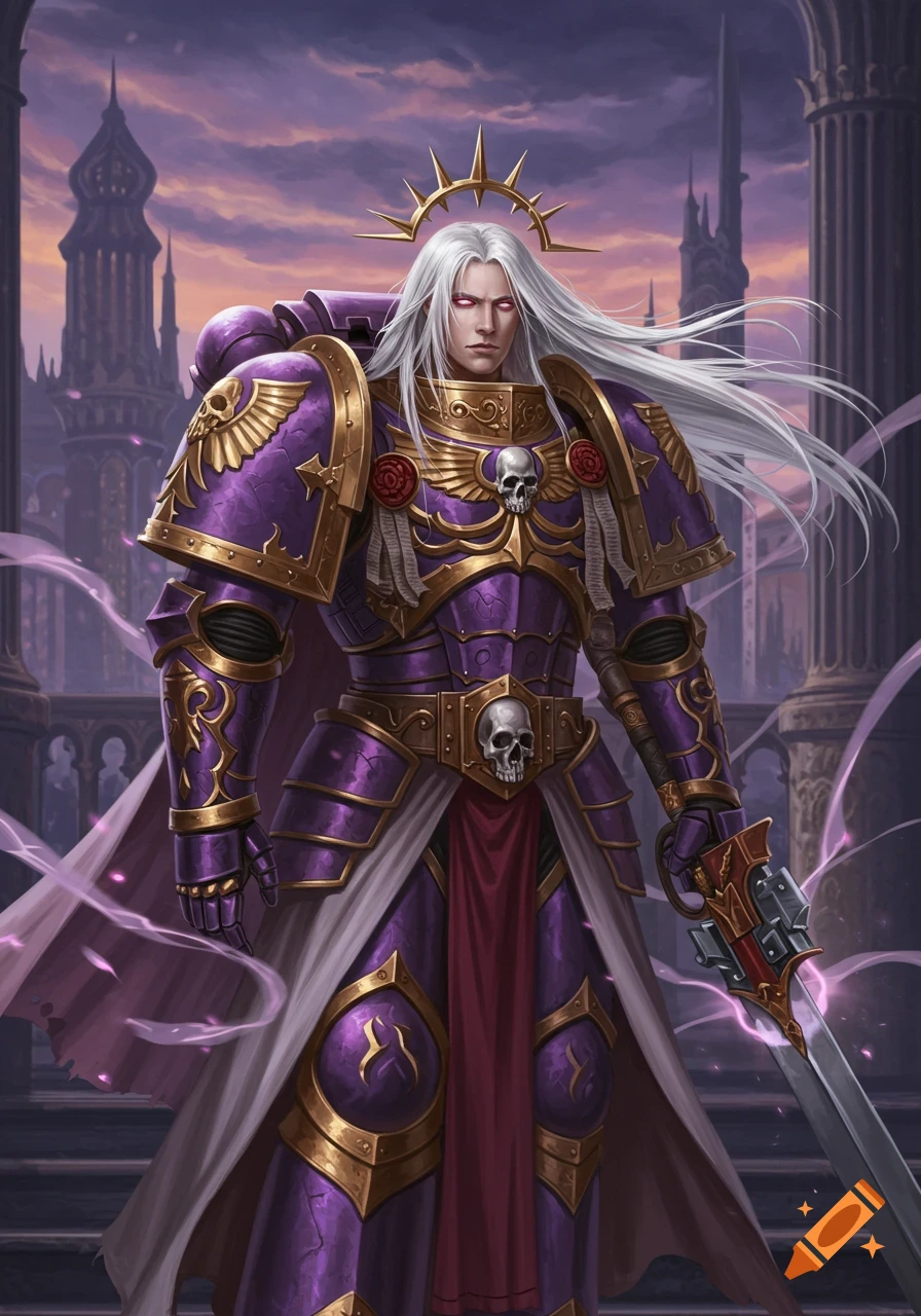 White-haired warrior in ornate purple and gold armor with a halo stands with a sword before dark fantasy architecture and a dramatic sky, anime style.