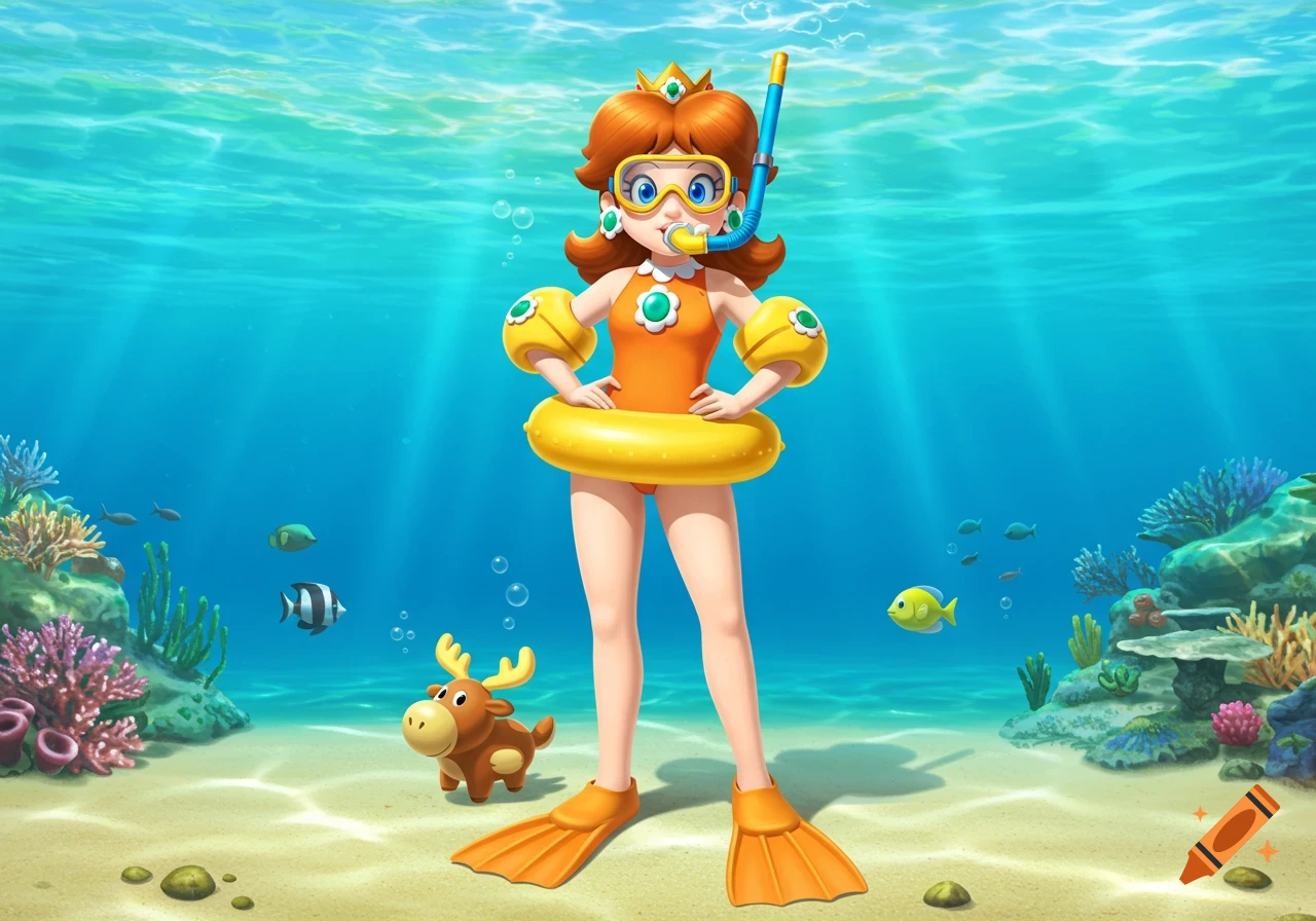 Princess Daisy in an orange swimsuit, snorkel, flippers, and a yellow rubber ring, standing in a vibrant underwater scene with coral and fish, digital art.