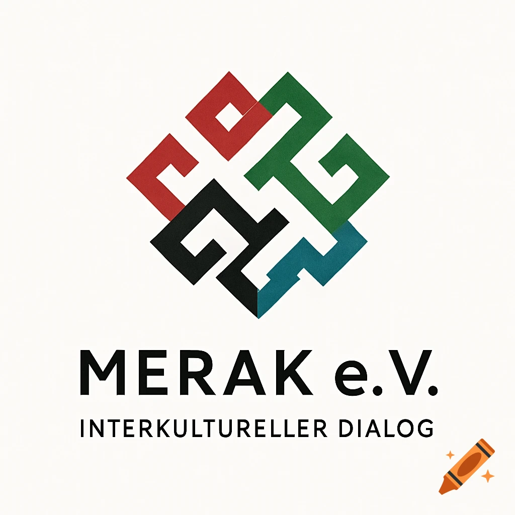 Minimalist logo with a red, green, black, and blue intertwined geometric pattern above 'MERAK e. V.' and 'INTERKULTURELLER DIALOG'.