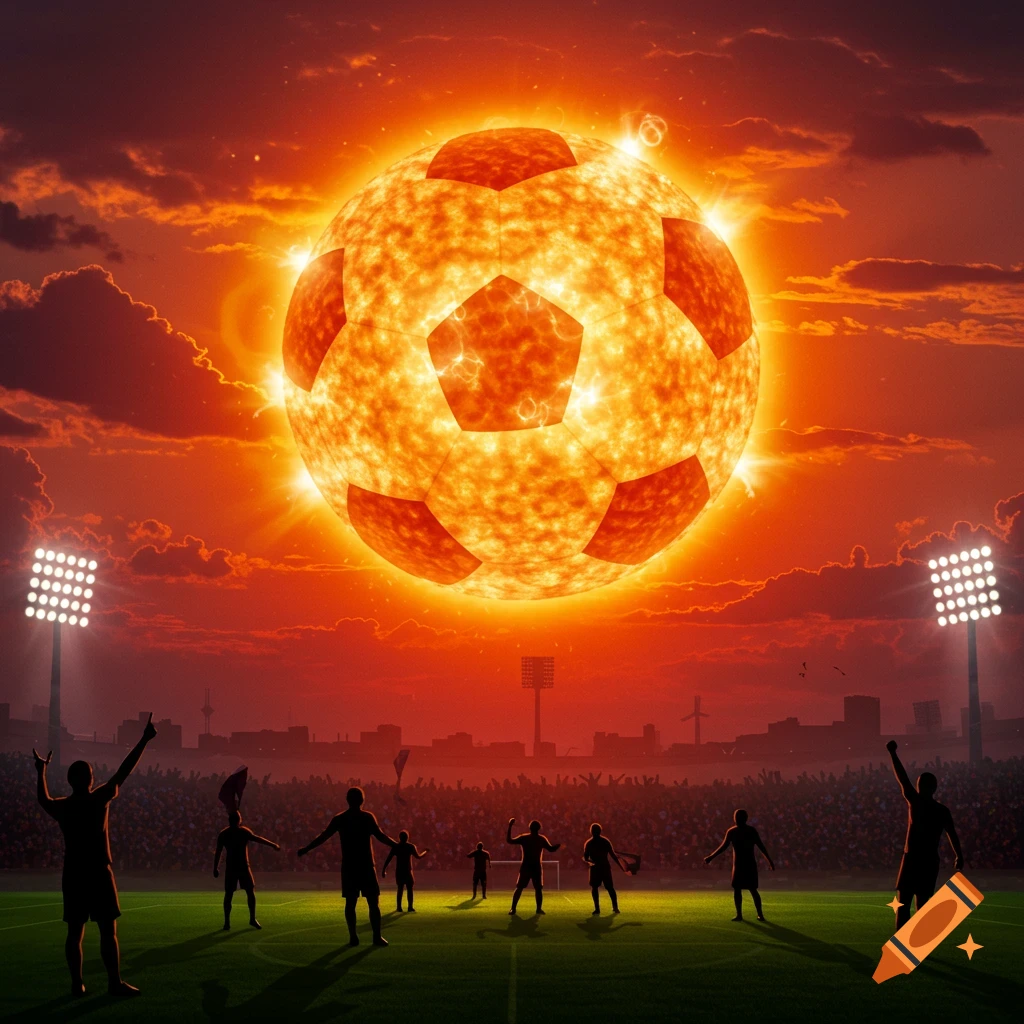 A glowing soccer ball in the sky replaces the sun over a stadium at sunset, with silhouetted players on the field.