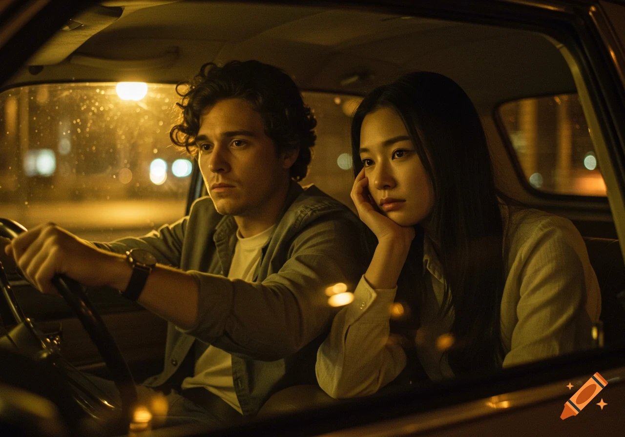 Photorealistic image of a man driving a car at night with a woman looking thoughtful in the passenger seat.