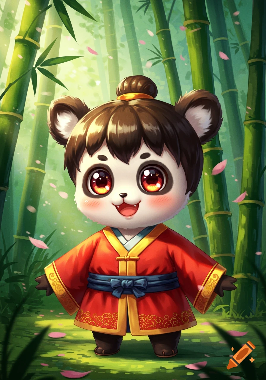 A cute cartoon panda character with big red eyes and a top knot, wearing a red and gold robe, stands in a vibrant bamboo forest with falling pink petals.