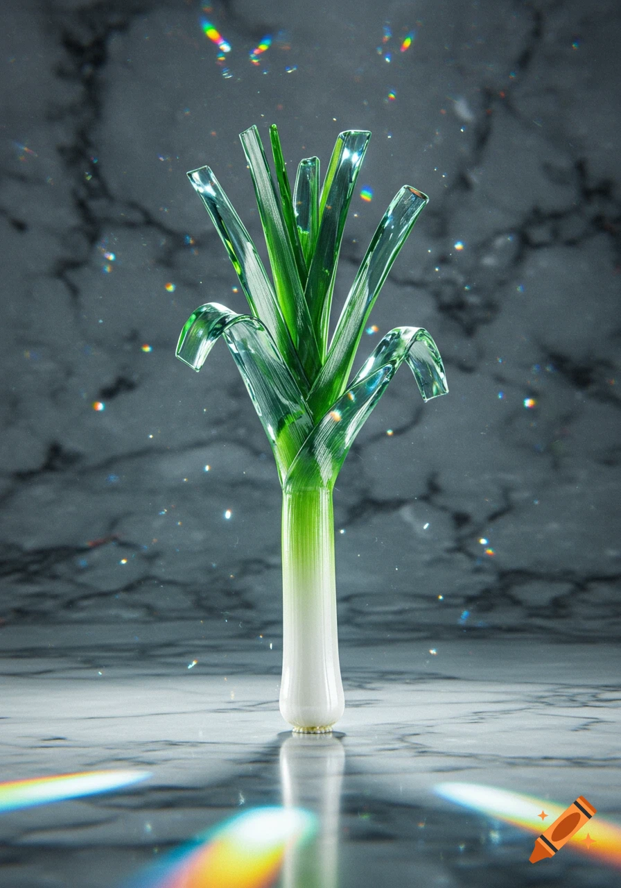 A photorealistic image of a leek made of translucent glass with green leaves, standing on a marble surface with colorful light refractions.