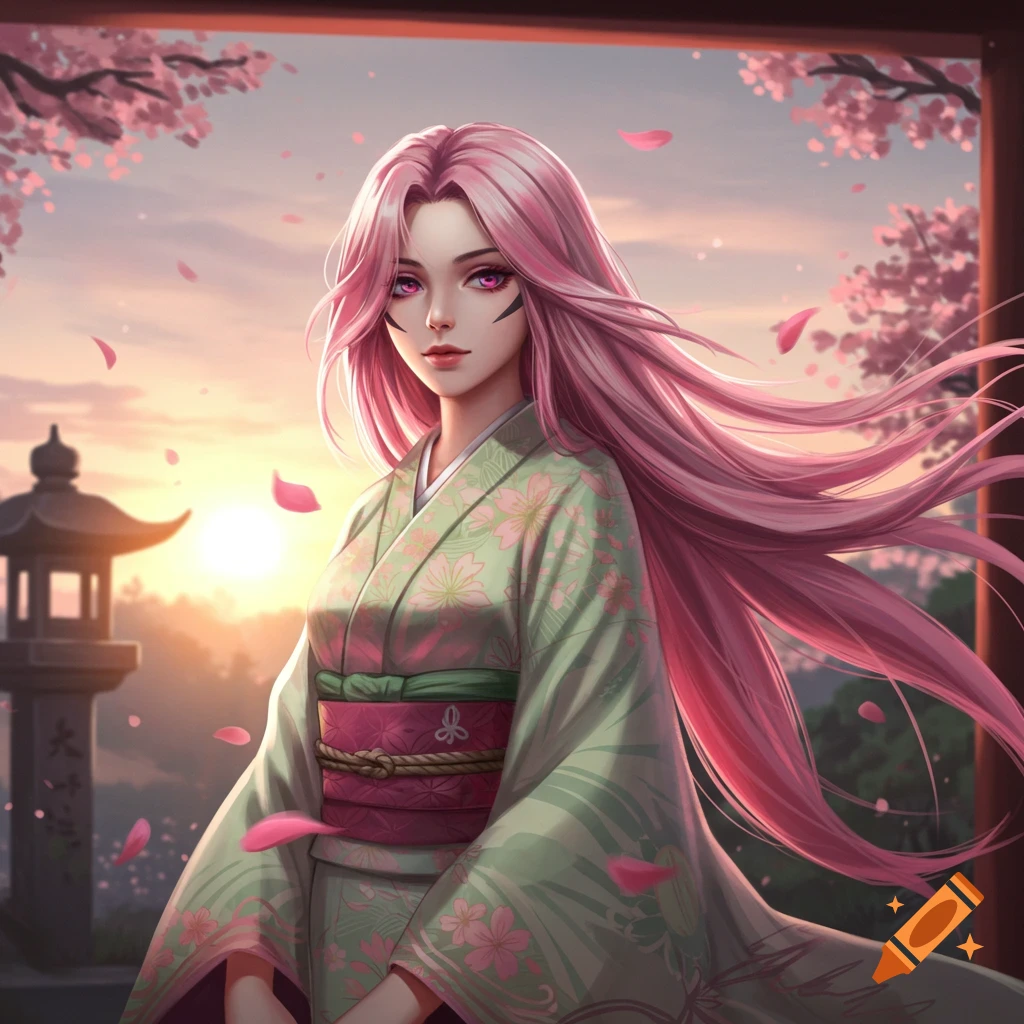 Anime girl with long pink hair in a kimono under cherry blossoms at sunset, with a Japanese lantern.