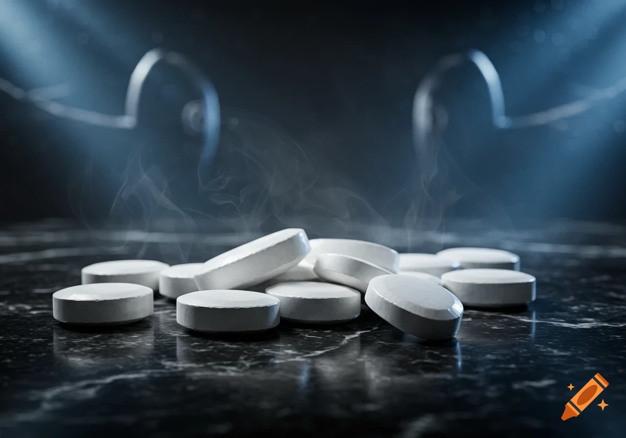 White oval creatine tablets piled on a dark, reflective surface with wisps of smoke and dramatic blue-tinged lighting.