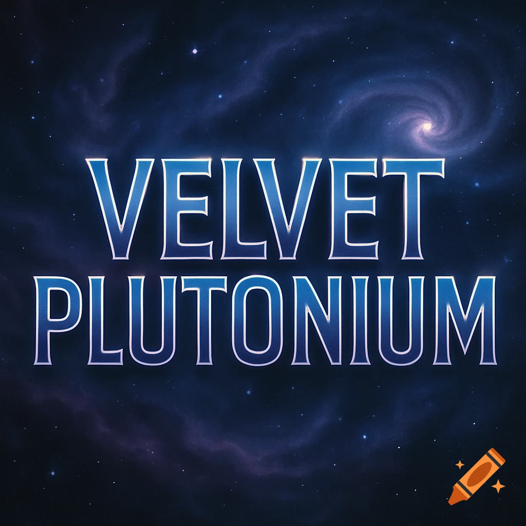 The words 'VELVET PLUTONIUM' in blue, stylized text against a dark blue cosmic background with stars and a galaxy.