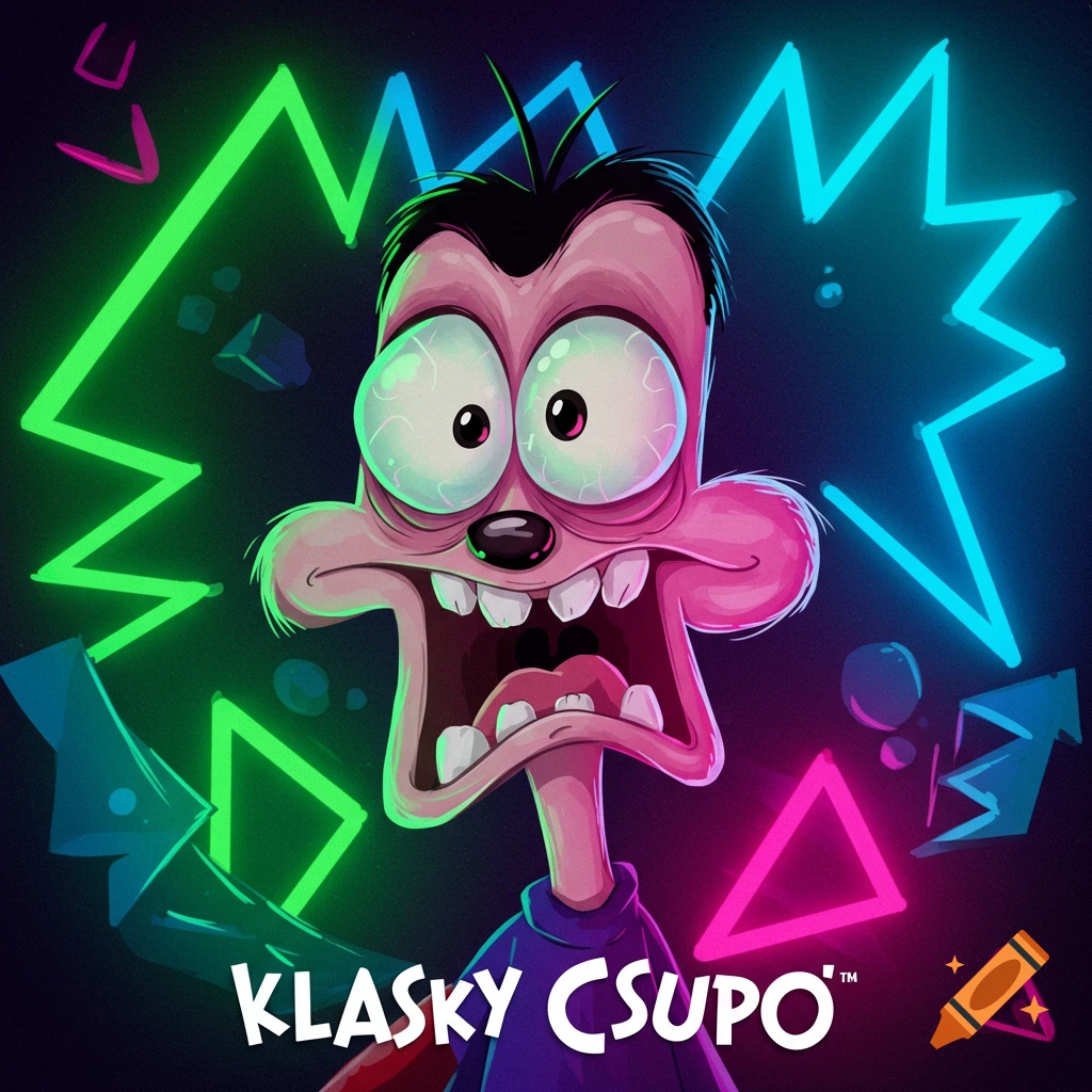 A wide-eyed, pink-skinned cartoon character with a distressed expression and spiky black hair, surrounded by glowing neon shapes. The text 'KLASKY CSUPO' is at the bottom.