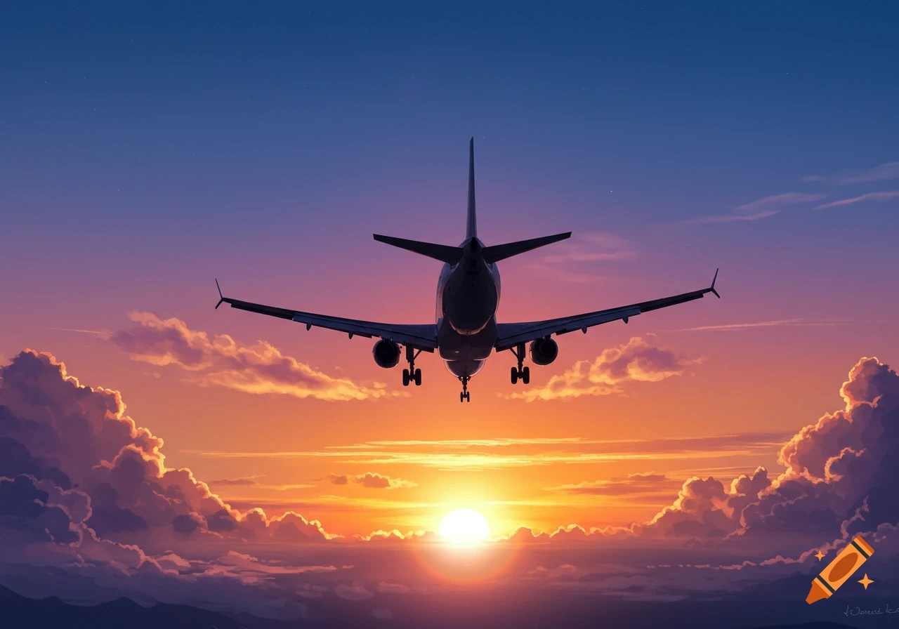 A plane in silhouette flying towards the viewer, centered against a vibrant orange and purple sunset sky with scattered clouds.