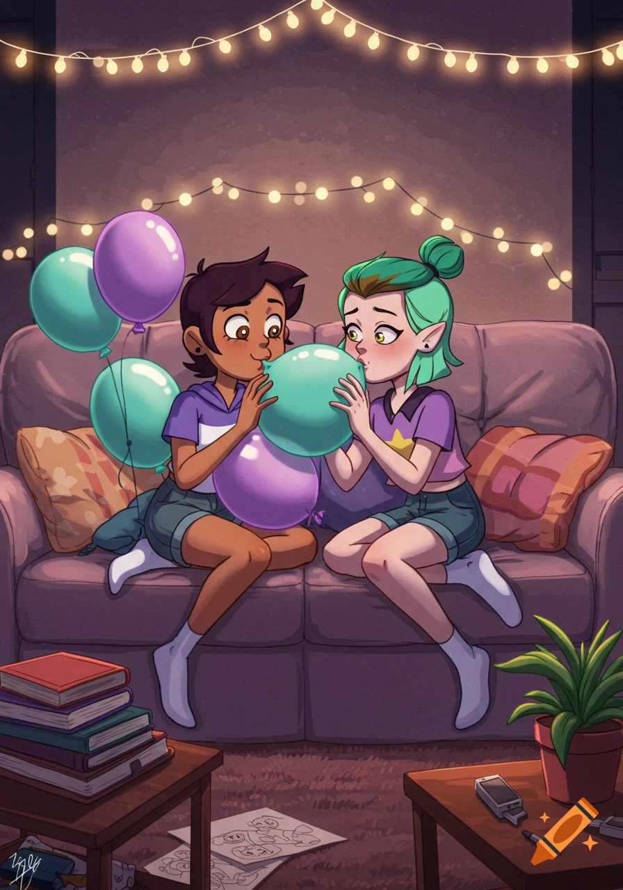 Luz Noceda and Amity Blight, two animated girls, sit on a purple couch blowing up teal and purple balloons, illuminated by string lights.
