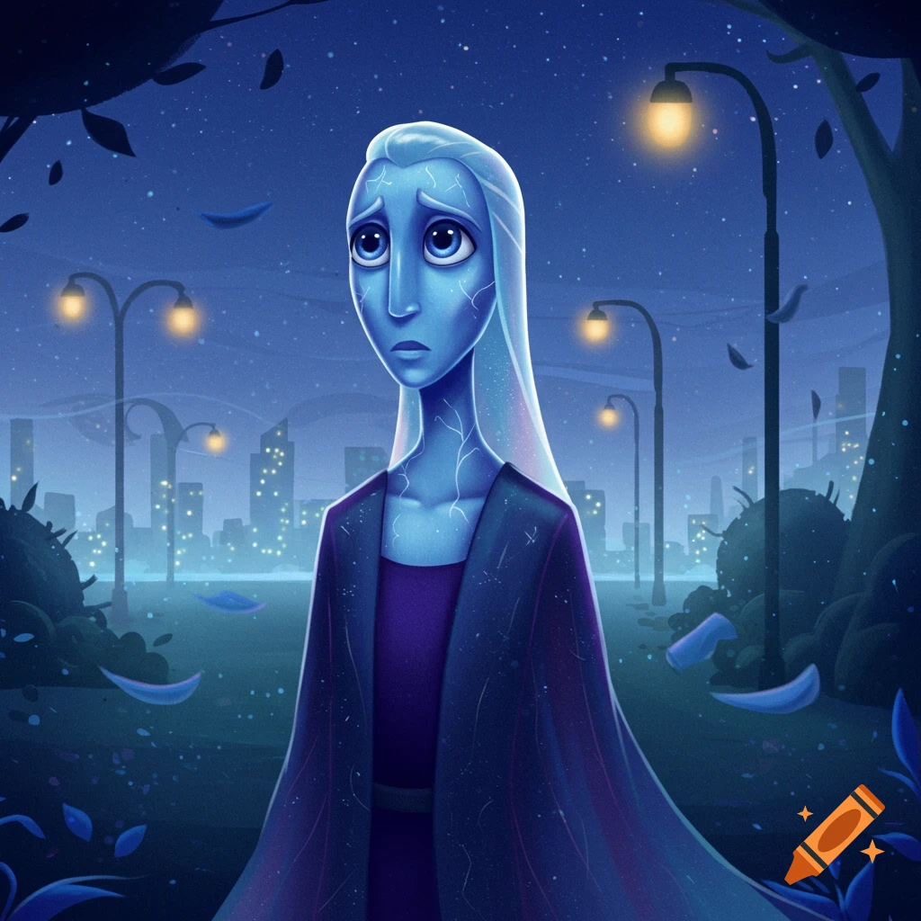 A blue-skinned animated character with long hair looks sad in a night city park with streetlights and falling leaves.