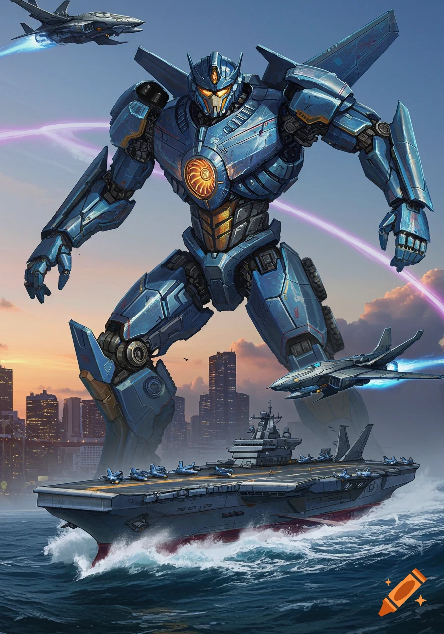 A giant blue robot stands over an aircraft carrier with fighter jets flying around, with a city skyline in the background at sunset.